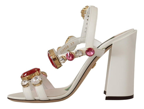 Dolce & Gabbana Keira Crystal Heels Sandals White Leather Women’s
