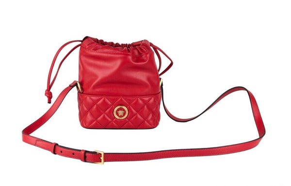 Versace Red Quilted Leather Drawstring Bucket Crossbody Bag with Medusa Emblem