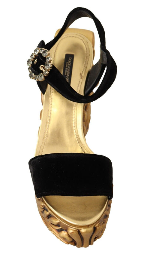 Dolce & Gabbana Black Gold Baroque Velvet Crystal Heels for Women