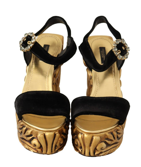 Dolce & Gabbana Black Gold Baroque Velvet Crystal Heels for Women