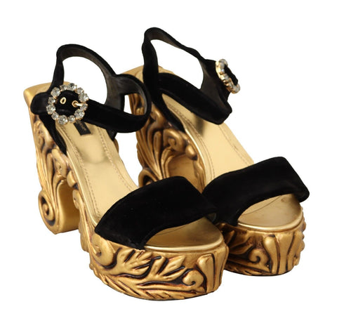 Dolce & Gabbana Black Gold Baroque Velvet Crystal Heels for Women