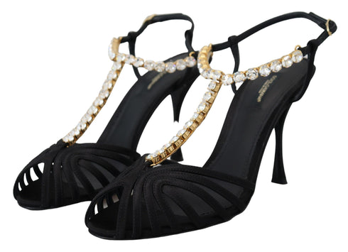Dolce & Gabbana Black Satin Clear Crystal T-Strap Sandals – Women’s Heels