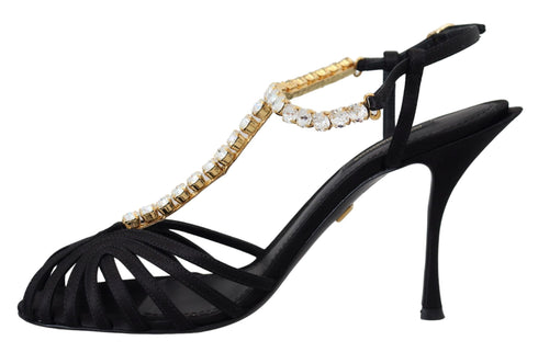 Dolce & Gabbana Black Satin Clear Crystal T-Strap Sandals – Women’s Heels