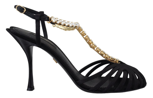 Dolce & Gabbana Black Satin Clear Crystal T-Strap Sandals – Women’s Heels
