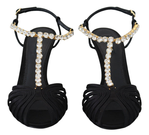 Dolce & Gabbana Black Satin Clear Crystal T-Strap Sandals – Women’s Heels