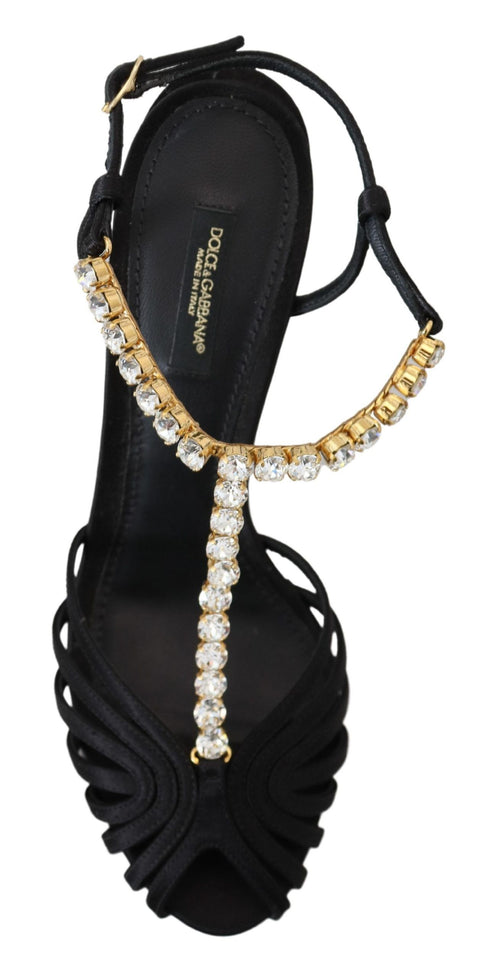Dolce & Gabbana Black Satin Clear Crystal T-Strap Sandals – Women’s Heels