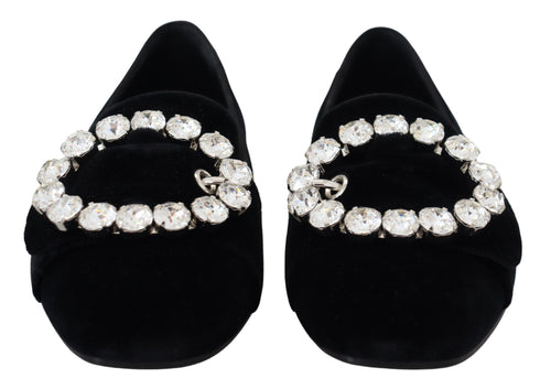 Dolce & Gabbana Crystal Buckle Loafers | Women’s Black Velvet Flats