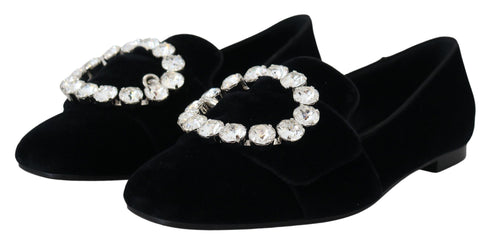 Dolce & Gabbana Crystal Buckle Loafers | Women’s Black Velvet Flats