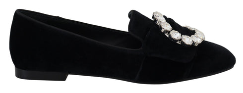 Dolce & Gabbana Crystal Buckle Loafers | Women’s Black Velvet Flats