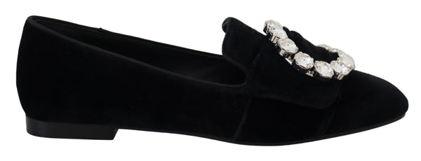 Dolce & Gabbana Crystal Buckle Loafers | Women’s Black Velvet Flats
