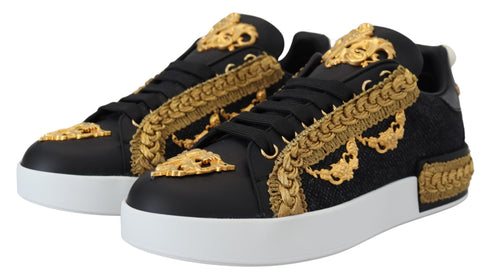 Dolce & Gabbana Black Gold Baroque Portofino Leather Sneakers – Women's Luxury Shoes (Mismatched Size)