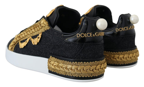 Dolce & Gabbana Black Gold Baroque Portofino Leather Sneakers – Women's Luxury Shoes (Mismatched Size)