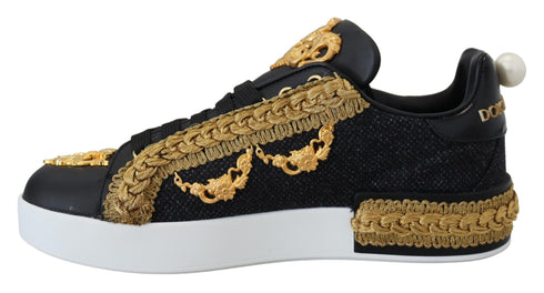Dolce & Gabbana Black Gold Baroque Portofino Leather Sneakers – Women's Luxury Shoes (Mismatched Size)