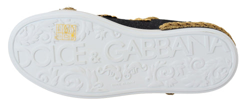 Dolce & Gabbana Black Gold Baroque Portofino Leather Sneakers – Women's Luxury Shoes (Mismatched Size)