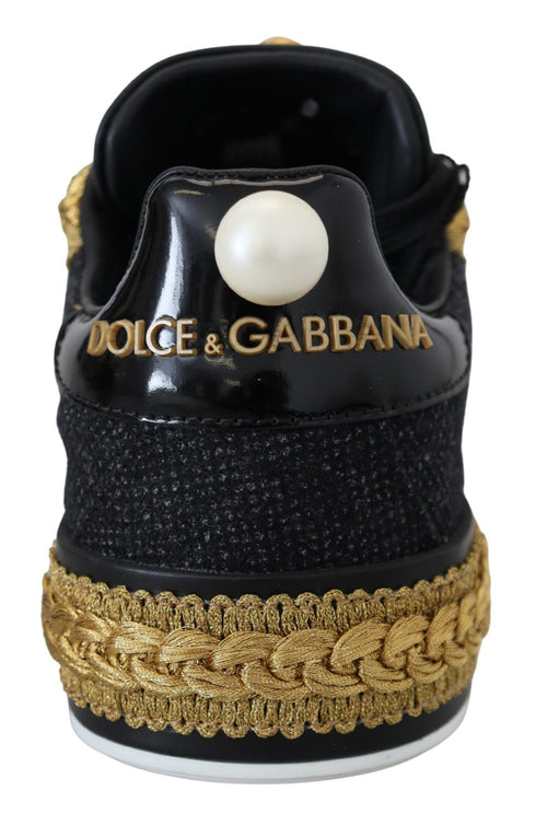 Dolce & Gabbana Black Gold Baroque Portofino Leather Sneakers – Women's Luxury Shoes (Mismatched Size)