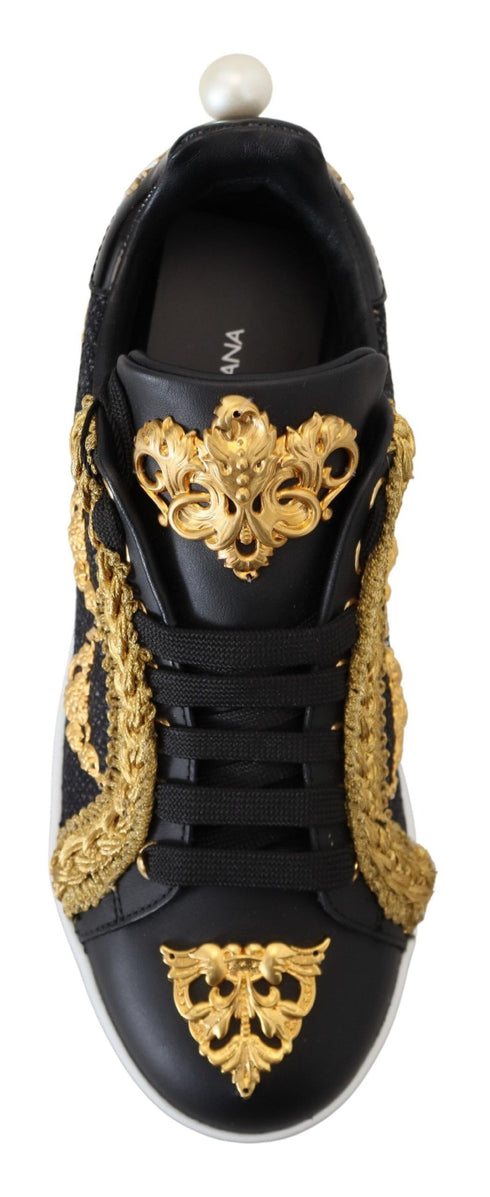 Dolce & Gabbana Black Gold Baroque Portofino Leather Sneakers – Women's Luxury Shoes (Mismatched Size)