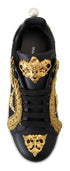 Dolce & Gabbana Black Gold Baroque Portofino Leather Sneakers – Women's Luxury Shoes (Mismatched Size)