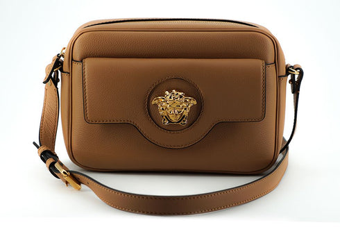 Versace Elegant Brown Leather Camera Case Shoulder Bag – Women's Crossbody with Medusa Emblem