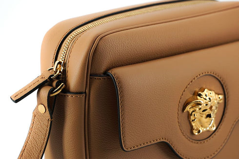 Versace Elegant Brown Leather Camera Case Shoulder Bag – Women's Crossbody with Medusa Emblem