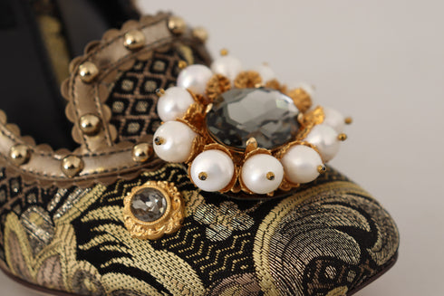 Dolce & Gabbana Gold Pumps Brocade Pearl Embellished Square Toe Heels - Women’s