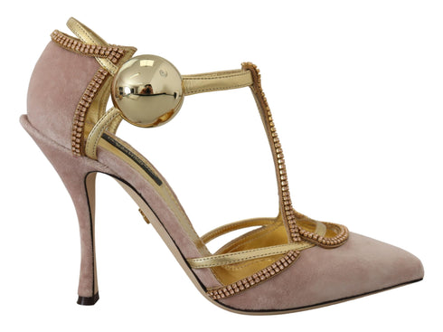 Dolce & Gabbana Pink Crystal T-strap Heels Pumps Shoes - Women’s