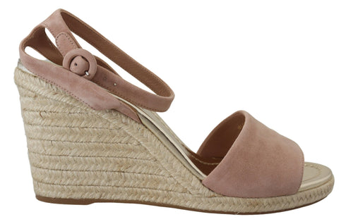 Prada Pink Suede Leather Wedge Sandals for Women – Ankle Strap Espadrille Heels