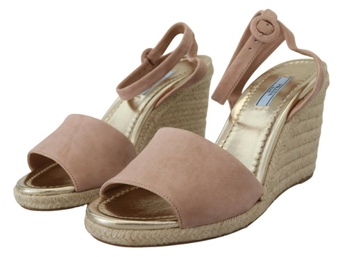 Prada Pink Suede Leather Wedge Sandals for Women – Ankle Strap Espadrille Heels