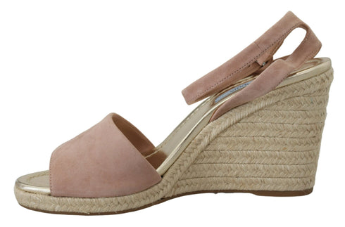 Prada Pink Suede Leather Wedge Sandals for Women – Ankle Strap Espadrille Heels