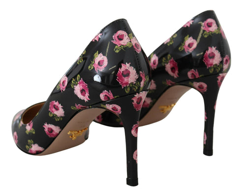 Prada Black Floral Leather Heels for Women – Stiletto Pumps with Pink Print