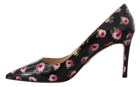 Prada Black Floral Leather Heels for Women – Stiletto Pumps with Pink Print
