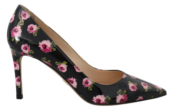 Prada Black Floral Leather Heels for Women – Stiletto Pumps with Pink Print