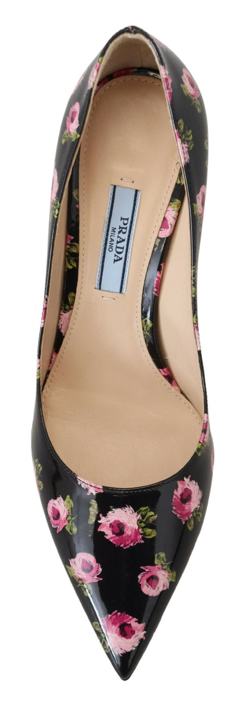 Prada Black Floral Leather Heels for Women – Stiletto Pumps with Pink Print
