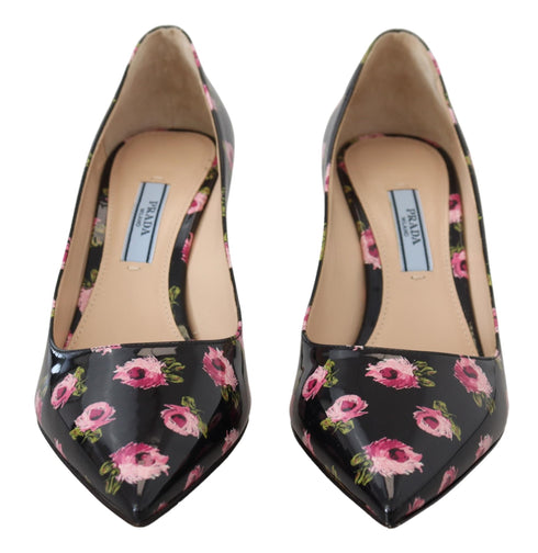 Prada Black Floral Leather Heels for Women – Stiletto Pumps with Pink Print
