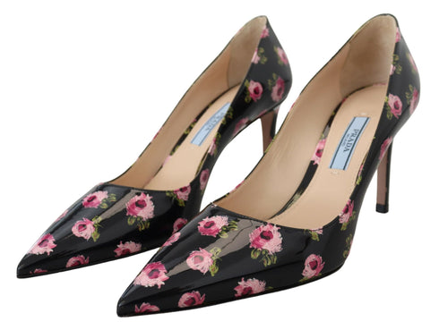 Prada Black Floral Leather Heels for Women – Stiletto Pumps with Pink Print