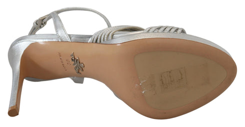 Prada Silver Leather Stiletto Heel Sandals with Ankle Strap - Women’s Heels