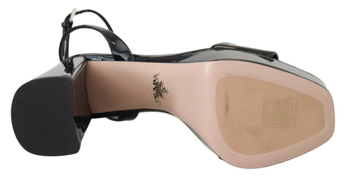 Prada Black Patent Leather Platform Block Heel Sandals with Ankle Strap - Women’s Heels