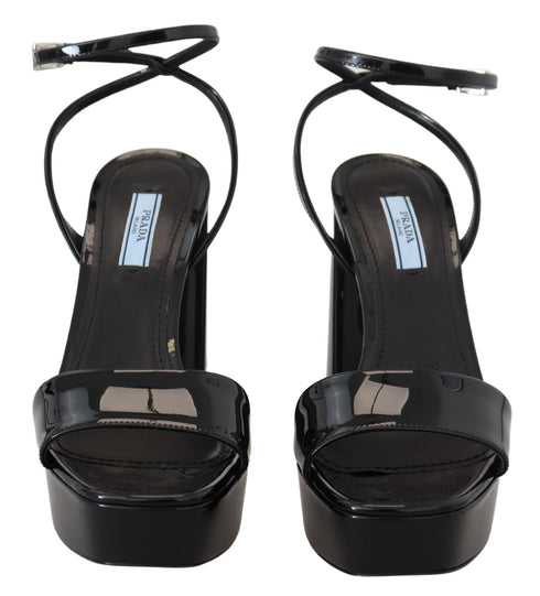 Prada Black Patent Leather Platform Block Heel Sandals with Ankle Strap - Women’s Heels