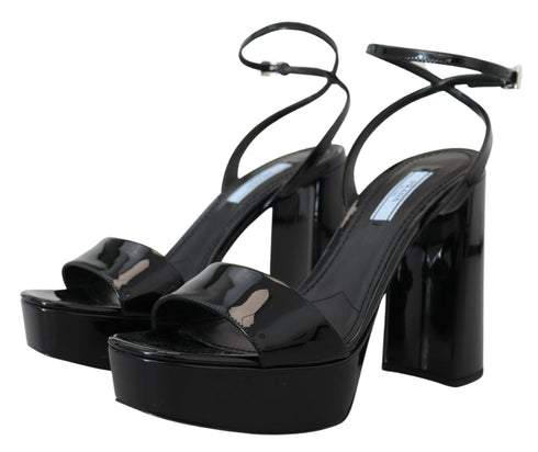 Prada Black Patent Leather Platform Block Heel Sandals with Ankle Strap - Women’s Heels