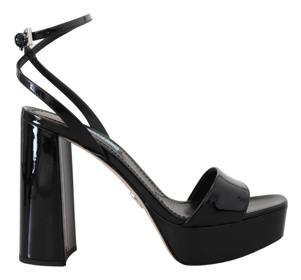Prada Black Patent Leather Platform Block Heel Sandals with Ankle Strap - Women’s Heels