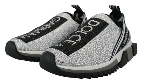 Dolce & Gabbana Sorrento Women’s Silver Rhinestone Slip-On Sneakers Luxury Italian Trainers