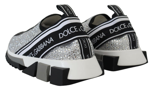 Dolce & Gabbana Sorrento Women’s Silver Rhinestone Slip-On Sneakers Luxury Italian Trainers