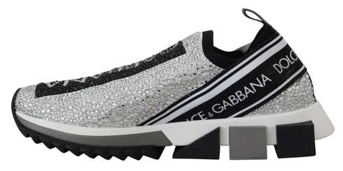 Dolce & Gabbana Sorrento Women’s Silver Rhinestone Slip-On Sneakers Luxury Italian Trainers