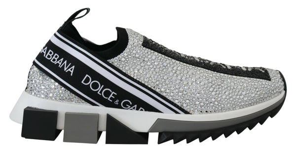 Dolce & Gabbana Sorrento Women’s Silver Rhinestone Slip-On Sneakers Luxury Italian Trainers