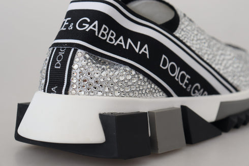 Dolce & Gabbana Sorrento Women’s Silver Rhinestone Slip-On Sneakers Luxury Italian Trainers