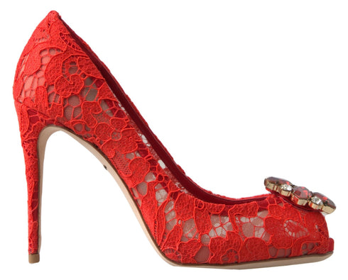 Dolce & Gabbana Women’s Red Lace Crystal Pumps – Taormina Heels from Rainbow Collection