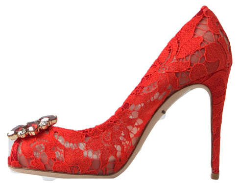 Dolce & Gabbana Women’s Red Lace Crystal Pumps – Taormina Heels from Rainbow Collection