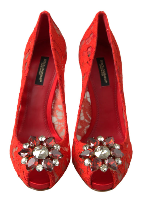 Dolce & Gabbana Women’s Red Lace Crystal Pumps – Taormina Heels from Rainbow Collection