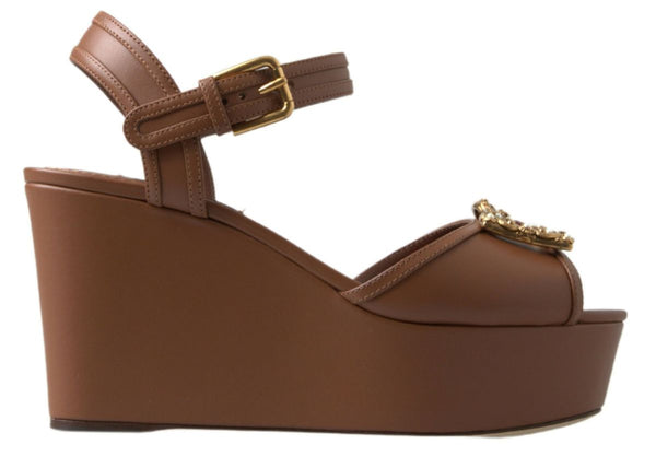 Dolce & Gabbana Amore Brown Leather Wedge Sandals – Gold Logo Platform Heels - Women’s