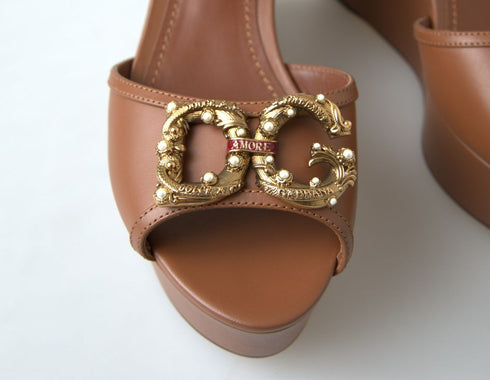 Dolce & Gabbana Amore Brown Leather Wedge Sandals – Gold Logo Platform Heels - Women’s