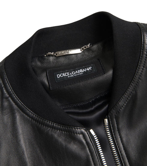 Dolce & Gabbana Black Leather Full Zip Bomber Men Jacket